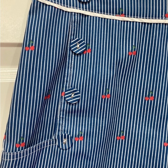 Voodoo Vixen High Waisted Blue Striped Shorts with Red Cherry Details Rockabilly - Picture 3 of 4
